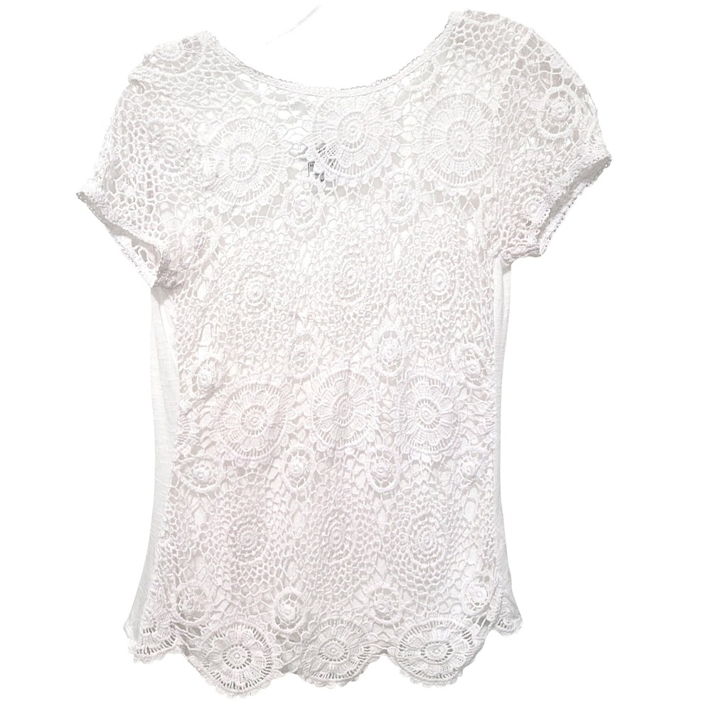 Isela Floral Crochet Front Top Womens Medium White Mixed Media Boho Scalloped
